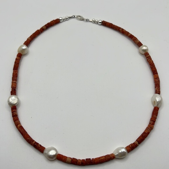 ARTISAN RED SPONGE CORAL, BAROQUE PEARL, & STERLING SILVER 18.5” NECKLACE - Picture 6 of 10